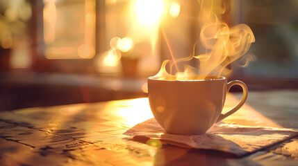 Steaming coffee cup emits inviting aroma - Ai Generated - obrazy, fototapety, plakaty