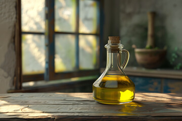 A golden bottle of extra virgin olive oil, representing quality and freshness, essential in Mediterranean cuisine.