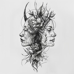 Layered double exposure of mythological and natural imagery tattoo design