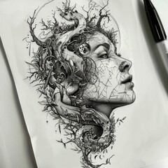 Layered double exposure of mythological and natural imagery tattoo design