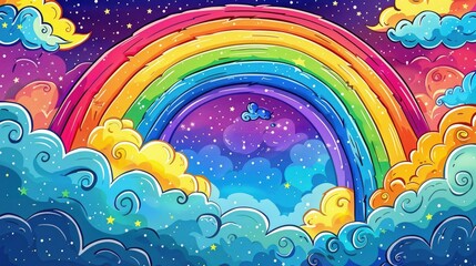 Fototapeta na wymiar Dazzling Rainbow and Whimsical Clouds in Vibrant Doodle Style