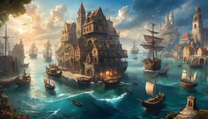 A bustling fantasy port city with tall ships and charming houses bathed in the warm glow of a setting sun. AI Generation - obrazy, fototapety, plakaty