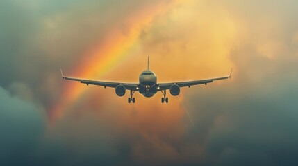 Majestic Airborne Journey Against Dramatic Sky with Rainbow Backdrop