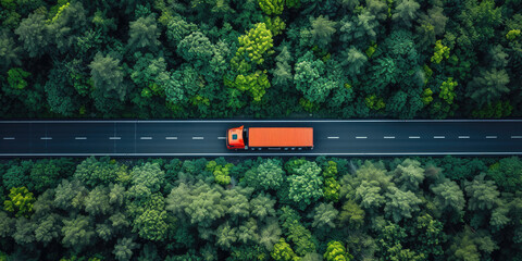 A red semi-truck drives along a highway surrounded by lush green forest from an aerial perspective.