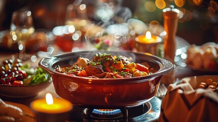 Customary dining ritual a pot simmering with delight - obrazy, fototapety, plakaty