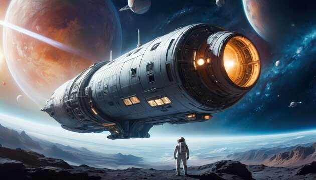 A stunning digital art depiction of a futuristic spaceship orbiting a breathtaking alien planet with a moonscape and distant stars.. AI Generation