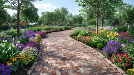 Garden landscaping with flagstone walkway filled with colorful flowers and lush trees
