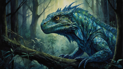A shimmering, ethereal basilisk with glowing scales of iridescent blues and greens - obrazy, fototapety, plakaty