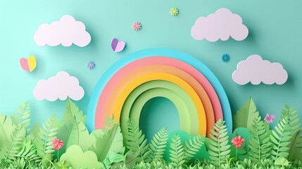 Vibrant Eco Friendly Rainbow Landscape with Layered Clouds and Lush Greenery