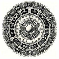 Circular zodiac wheel or horoscope design with fine detail tattoo design