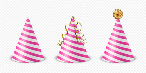Vector 3d Realistic Striped Pink and White Birthday Party Hat Icon Set Isolated. Party Cap Design Template for Party Banner, Greeting Card. Holiday Hats, Cone Shape, Front View
