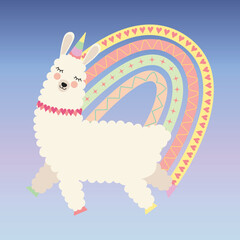 Cute alpaca unicorn with boho rainbow in the sky. Cartoon llama with horn and wings, vector illustration.