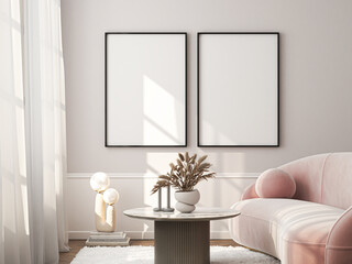 Frame mockup, ISO A paper size. Living room wall poster mockup. Interior mockup with house background. Modern interior design. 3D render
- 779740952