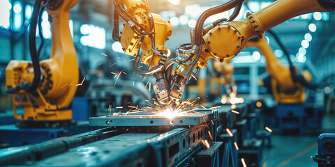 Industrial robots perform precision welding on an assembly line