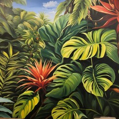 Oil painted mural of  tropical foliage
