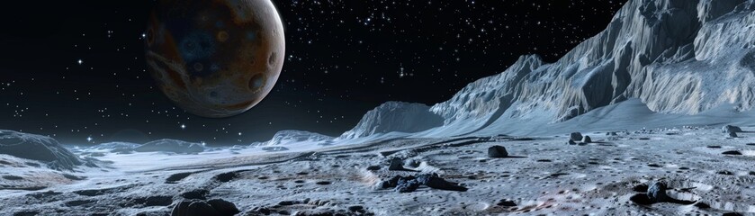 Discover the icy and starlit realms of Ganymede in a breathtaking virtual expedition - obrazy, fototapety, plakaty