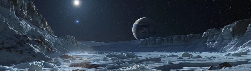 Discover the icy and starlit realms of Ganymede in a breathtaking virtual expedition - obrazy, fototapety, plakaty