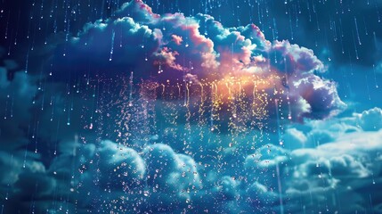 Captivating Celestial Cascade A Cloud Releasing Vibrant Multicolored Raindrops in the Enchanting Night Sky - obrazy, fototapety, plakaty
