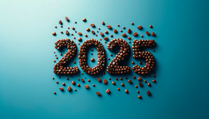 Coffee beans creating '2025' on a teal background, suitable for café promotions, New Year's branding, or coffee product launches.