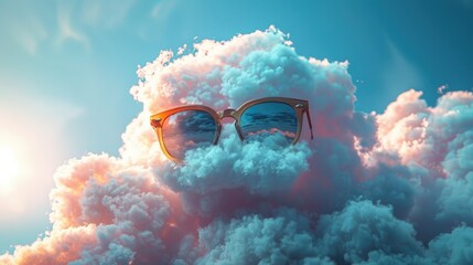 Cool Anthropomorphic Sunglasses Wearing Cloud Floating in a Bright Blue Sky - obrazy, fototapety, plakaty