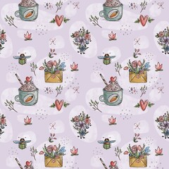 Seamless pattern with spring watercolor images of a cup of coffee with cream, a bouquet of flowers in a postal envelope, a composition of flowers and a fly with transparent wings.