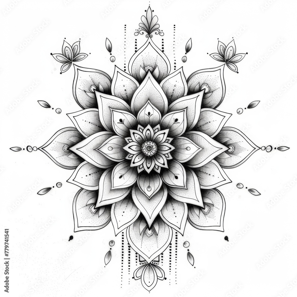 Wall mural botanical mandala or symmetrical pattern using floral motifs tattoo design