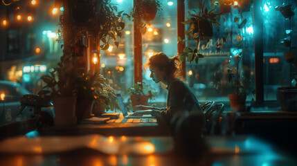 Freelancer or student typing on laptop at workplace. A woman works in a cafe. Bokeh effect. AI generative