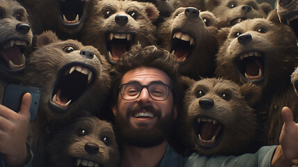 Close-up selfie portrait of a chuckle of bears - obrazy, fototapety, plakaty