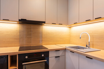 Contemporary kitchen setup with wood panels and under-cabinet lighting