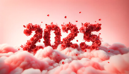 Romantic rose numbers of '2025' floating on fluffy clouds against a soft pink backdrop, perfect for Valentine's events, love-themed promotions, or anniversary celebrations. - obrazy, fototapety, plakaty