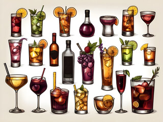 Alcoholic cocktails hand drawn vector illustration. Sketch set. 
