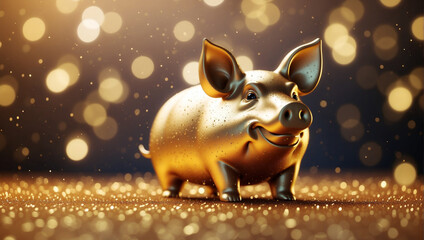 Glowing Golden Pig: A Shiny Swine Sparkles with Elegance Against the Luminous Twinkle of a Bokeh Background - obrazy, fototapety, plakaty