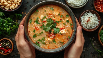 Aromatic Thai Rice Soup in a Rustic Ceramic Bowl with Flavorful Toppings