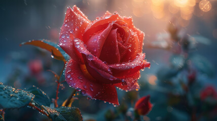 Close-up of a dewy red rose. - obrazy, fototapety, plakaty