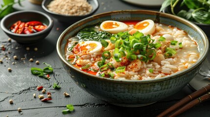 Hearty Thai Rice Soup with Flavorful Toppings and Aromatic Condiments