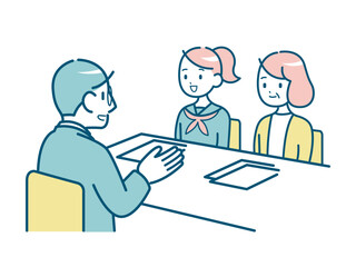 三者面談をする教師と親子のイラスト