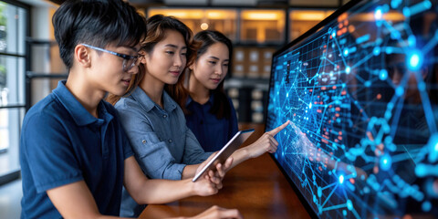 Three young professionals engage with a digital interface on a tablet, analyzing complex data visualizations.