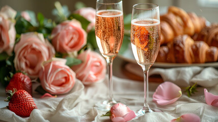 Obraz na płótnie Canvas Two champagne glasses, roses, strawberries