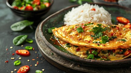Delicious Thai Omelette with Jasmine Rice on Rustic Plate with Fresh Vegetables and Herbs