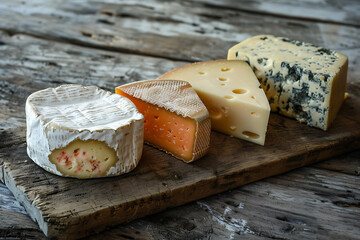 A variety of cheeses beautifully arranged on a wooden board, perfect for cheese tasting and culinary exploration