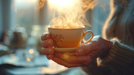 A hands holding a steaming cup of tea.