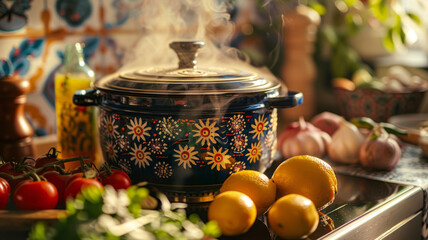 A steaming pot among ingredients on a table