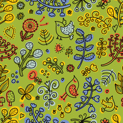 Cute children's seamless pattern with birds, flowers. Endless pattern can be used for ceramic tile, wallpaper, linoleum, textile, web page background - 779743718