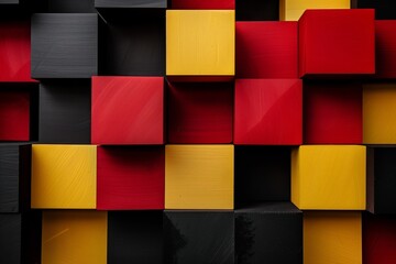 A vibrant and visually striking composition featuring a three-dimensional array of cubes in a pattern of red, yellow, and black.