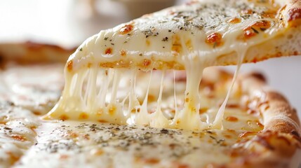 Delicious four cheese pizza with a melting slice being pulled away