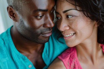 Close-up of smiling mixed-race couple sharing an affectionate moment - Powered by Adobe