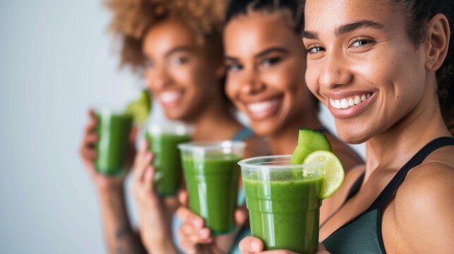 Diverse group enjoying green smoothies together for a healthy lifestyle - Powered by Adobe
