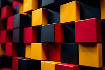 A vibrant and visually striking composition featuring a three-dimensional array of cubes in a pattern of red, yellow, and black.