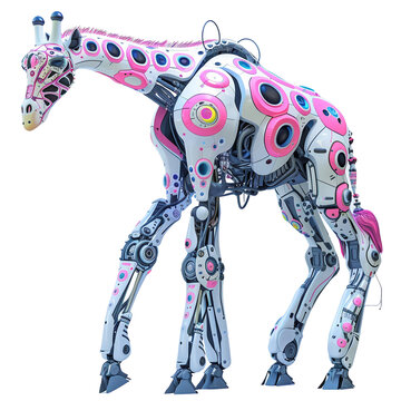 A playful 3D cyberpunk giraff with whimsical mechanical tail and glowing eyes, scampering against a clean white background
