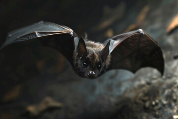 Obraz premium A bat in flight above rocky terrain, showcasing its graceful movement through the air